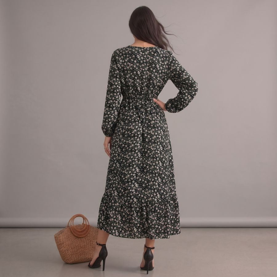 Robe bohème noire à imprimé floral, col rond et manches longues