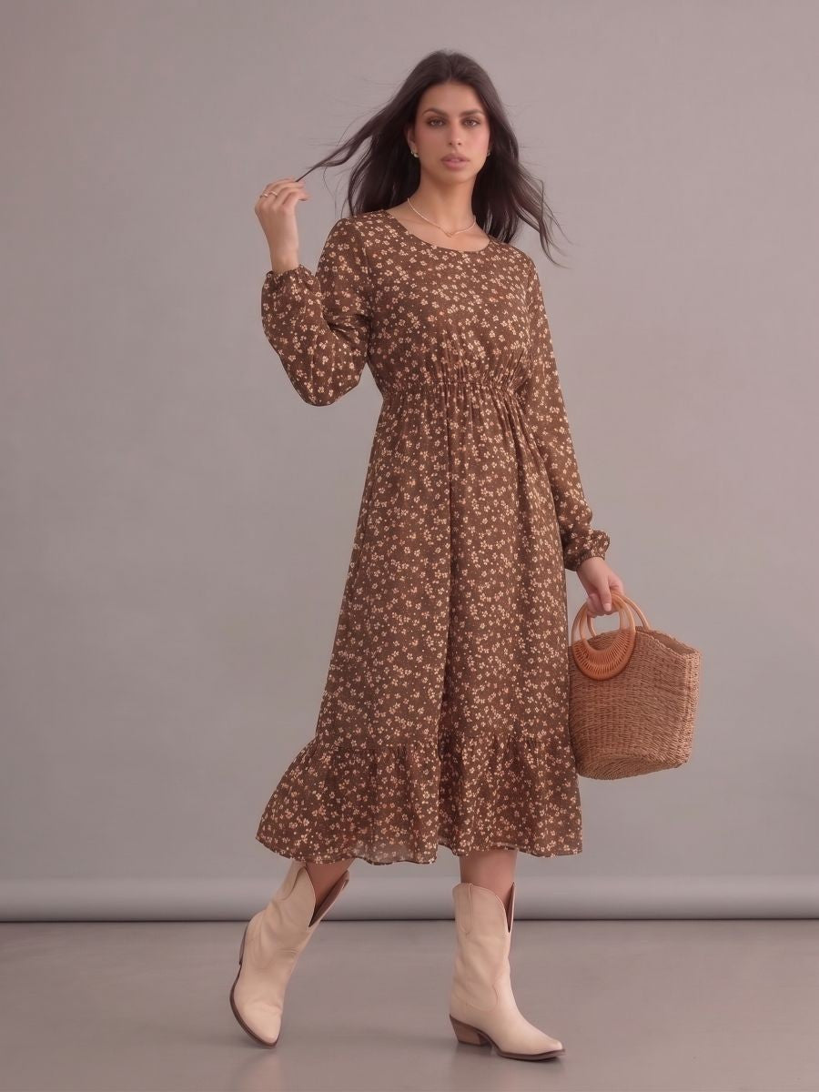 Robe bohème marron fleurie à col rond et manches longues