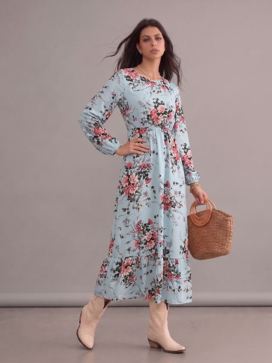 Robe longue bohème bleu pastel à imprimé floral, col rond, manches longues