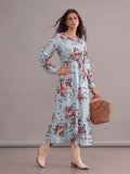 Robe longue bohème bleu pastel à imprimé floral, col rond, manches longues