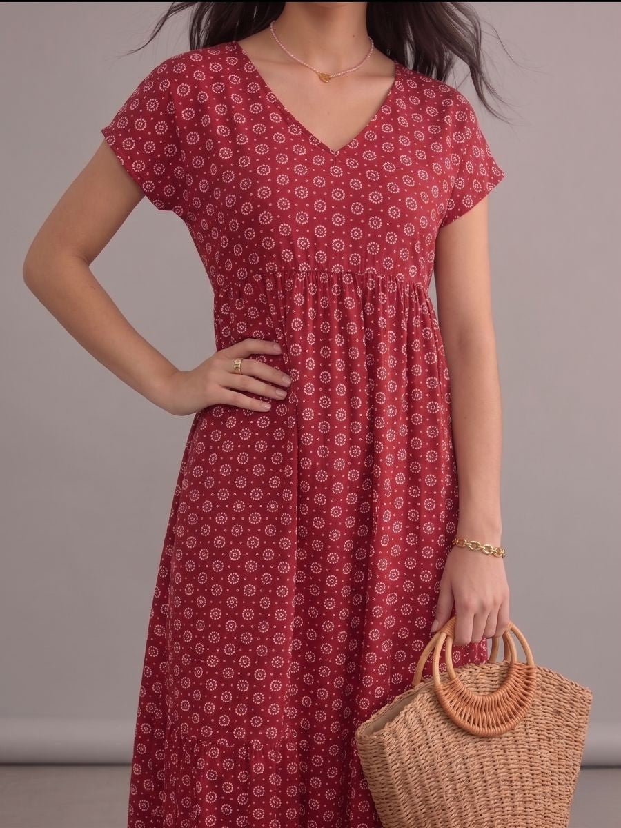Robe bohème rouge midi à imprimé ethnique, col en V, manches chauve-souris