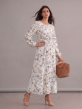 Robe bohème blanche à imprimé floral, col rond et manches longues