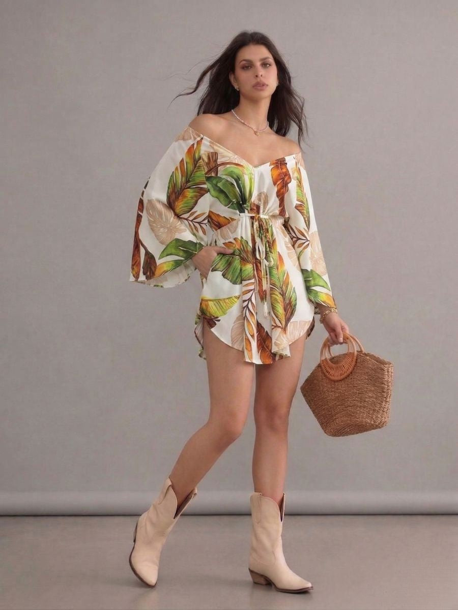 Robe bohème blanche et verte col en V manches chauve-souris à fleurs imprimées