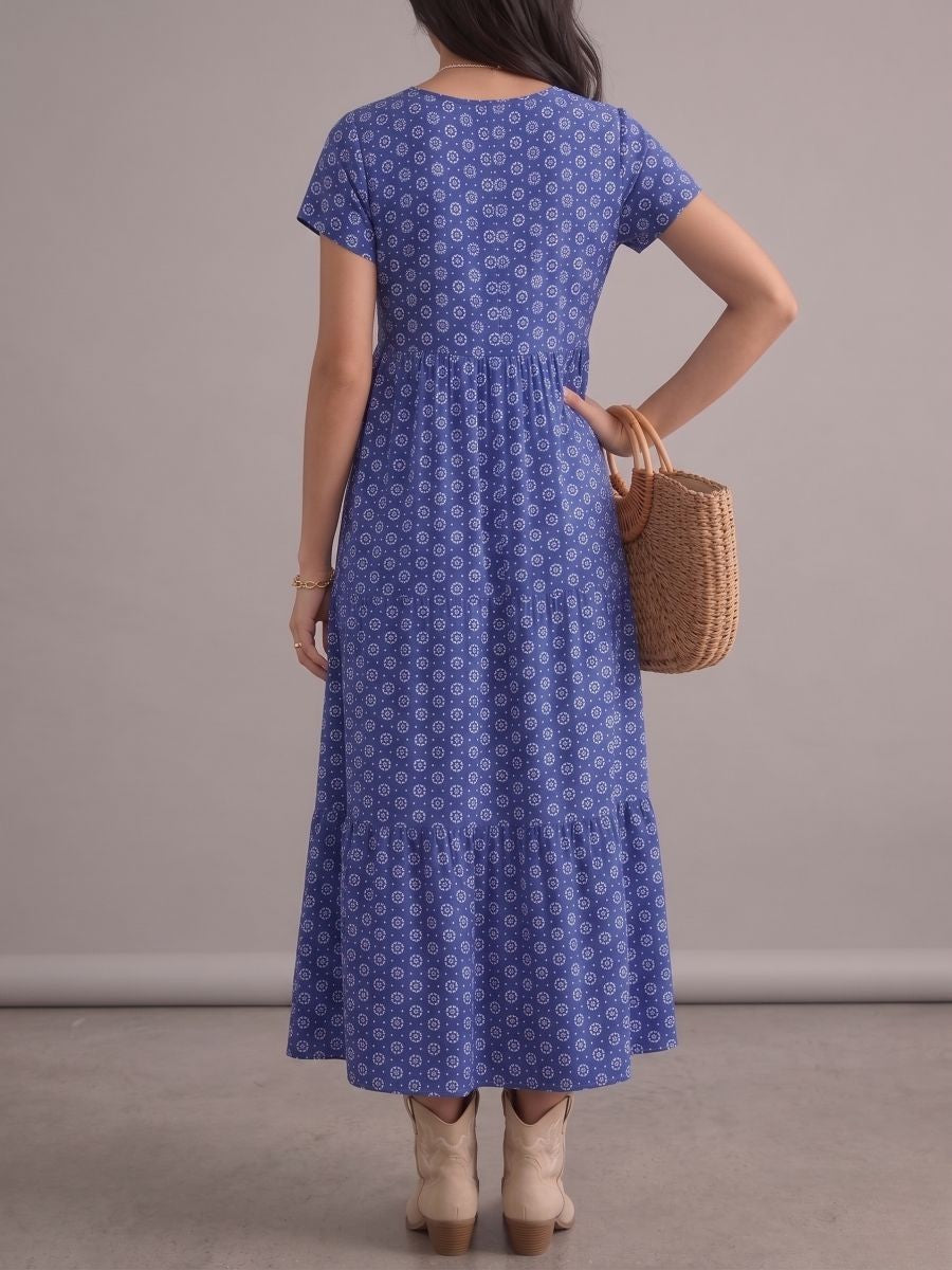Robe bohème bleue midi à imprimé ethnique, col en V, manches chauve-souris