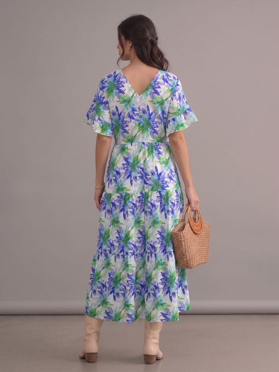 Robe bohème verte fleurie grande taille longueur cheville