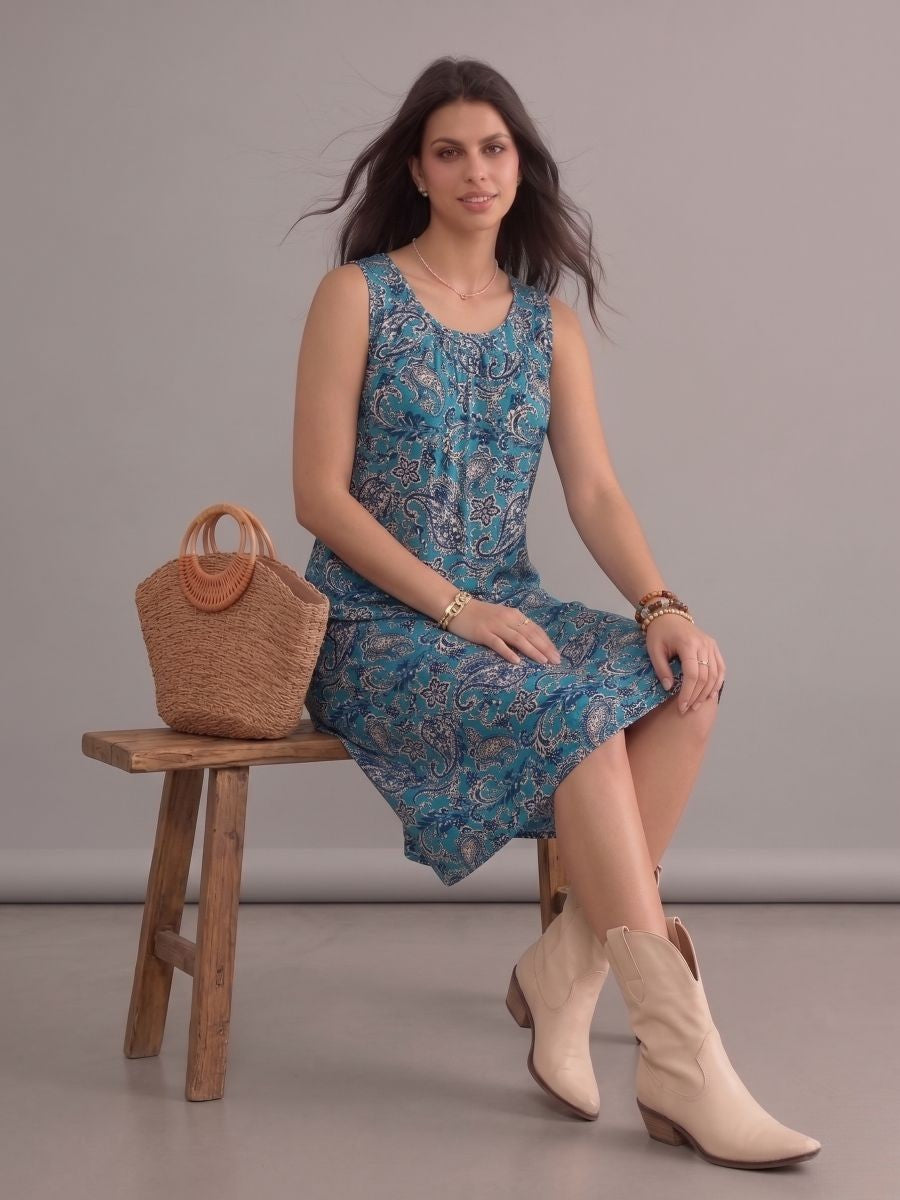 Robe bohème grande taille bleue à motif paisley, sans manches