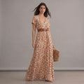 Robe bohème longue plissée florale beige à col en V