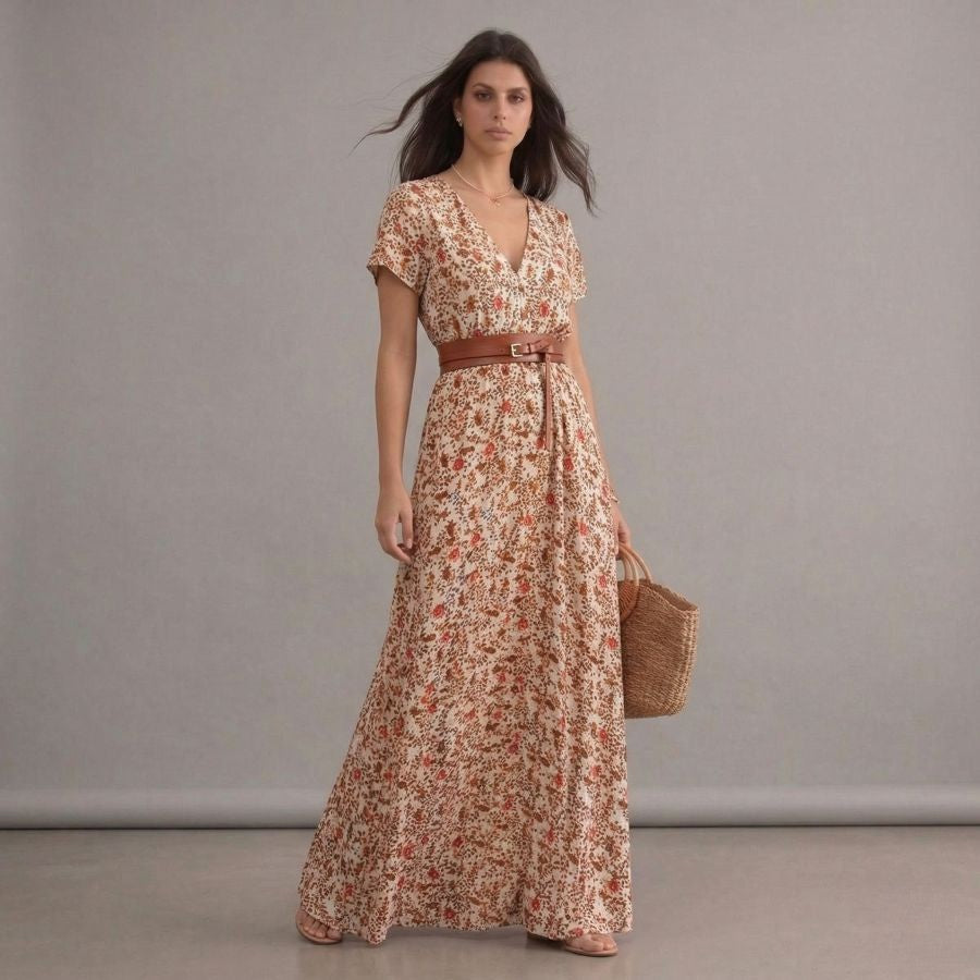 Robe bohème longue plissée florale beige à col en V