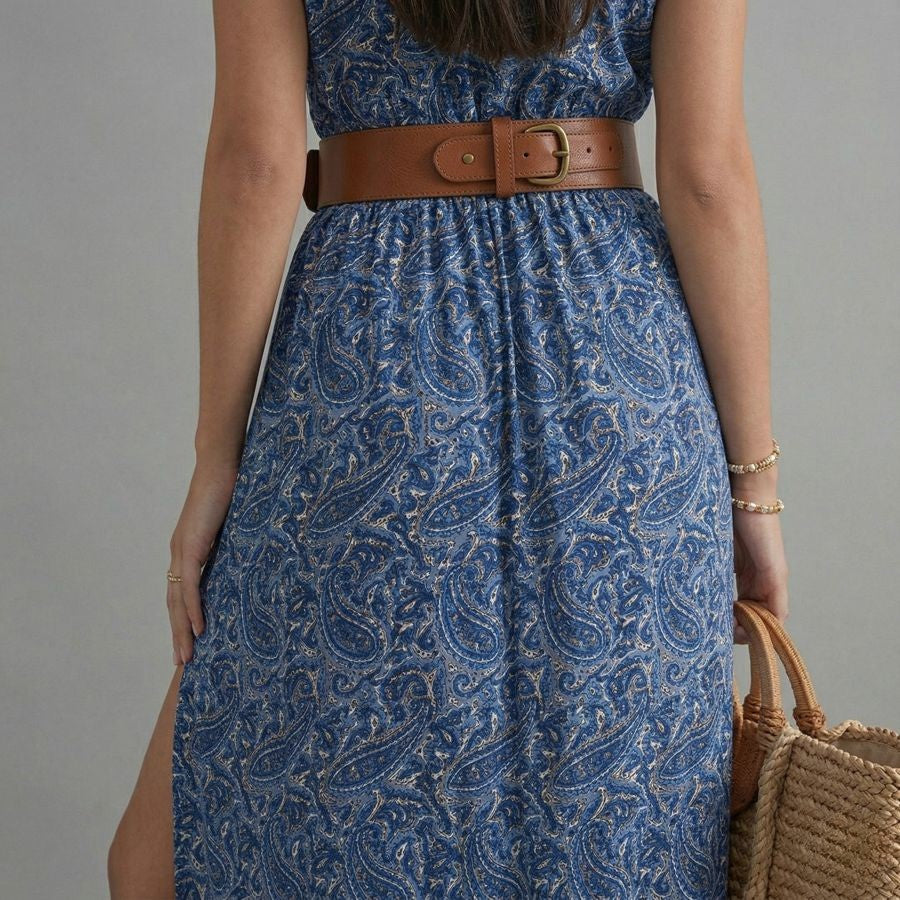 Robe bohème chic bleue plissée florale à col en V