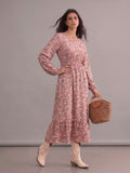 Robe bohème rose fleurie à col rond et manches longues