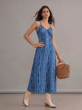 Robe longue bohème bleue dos nu à motifs col en V