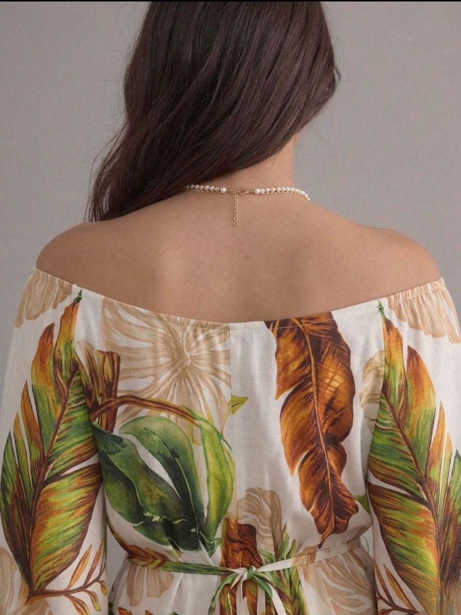 Robe bohème blanche et verte col en V manches chauve-souris à fleurs imprimées