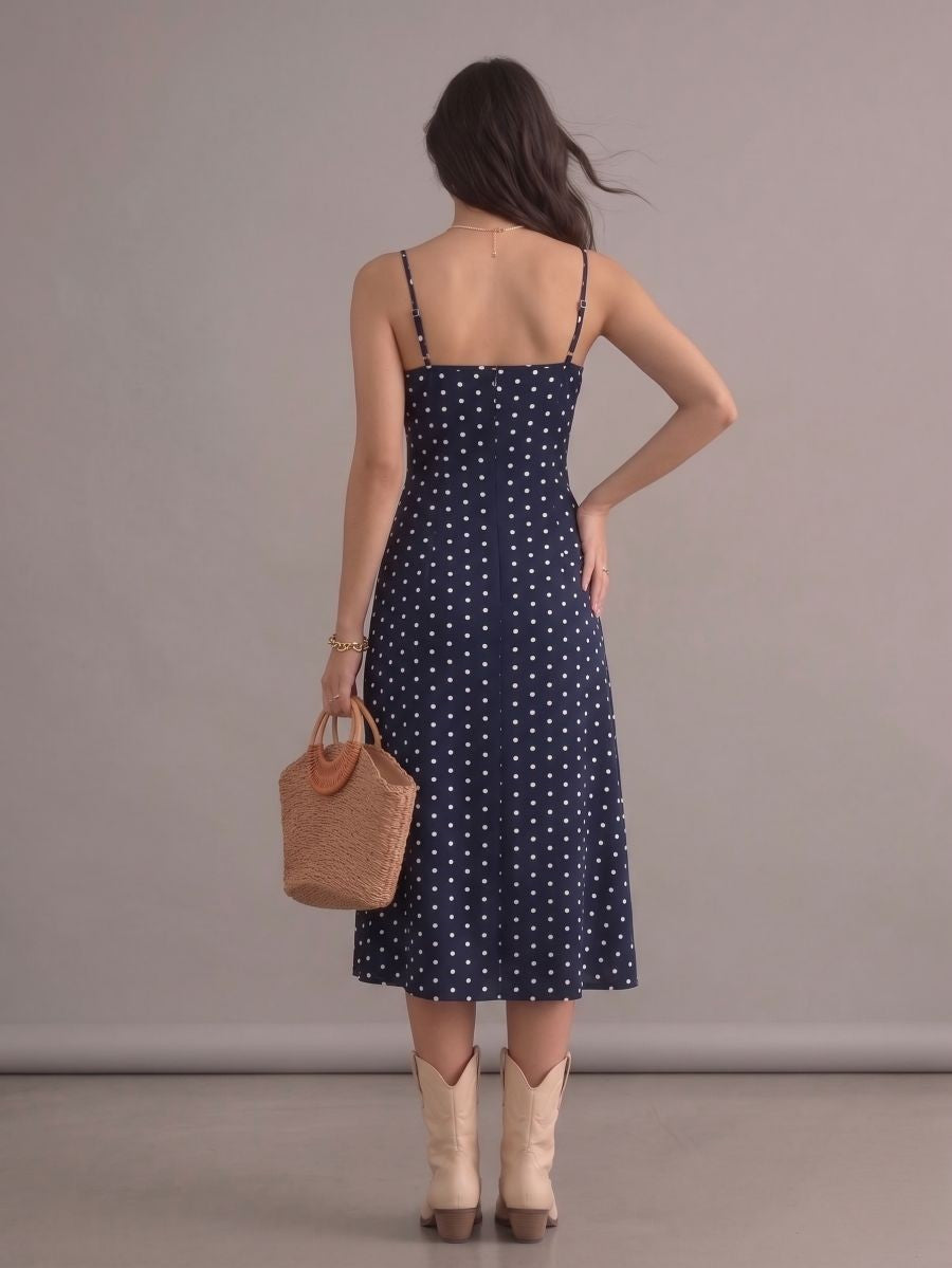 Robe bohème bleue à pois à bretelles fines et fente