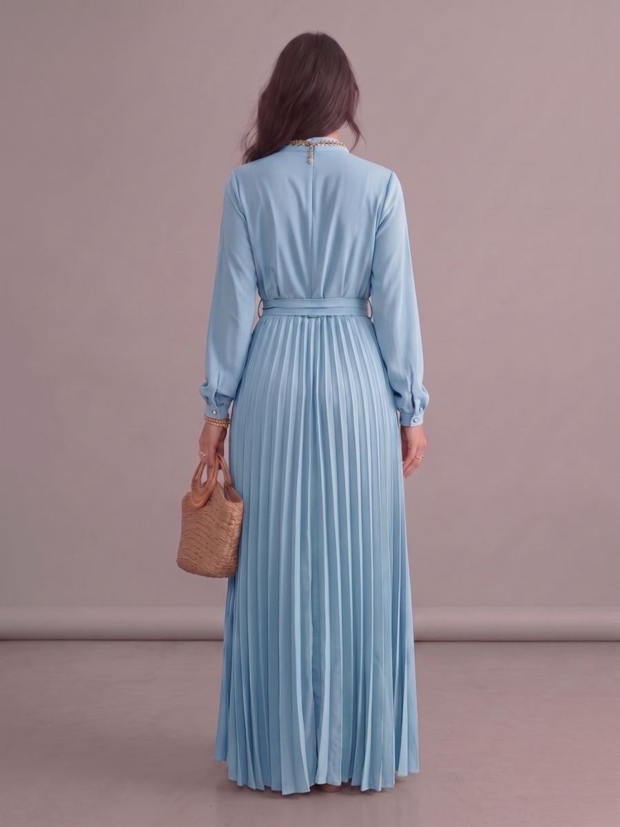 Robe longue bohème chic bleu ciel plissée à manches longues
