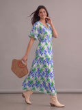 Robe bohème verte fleurie grande taille longueur cheville