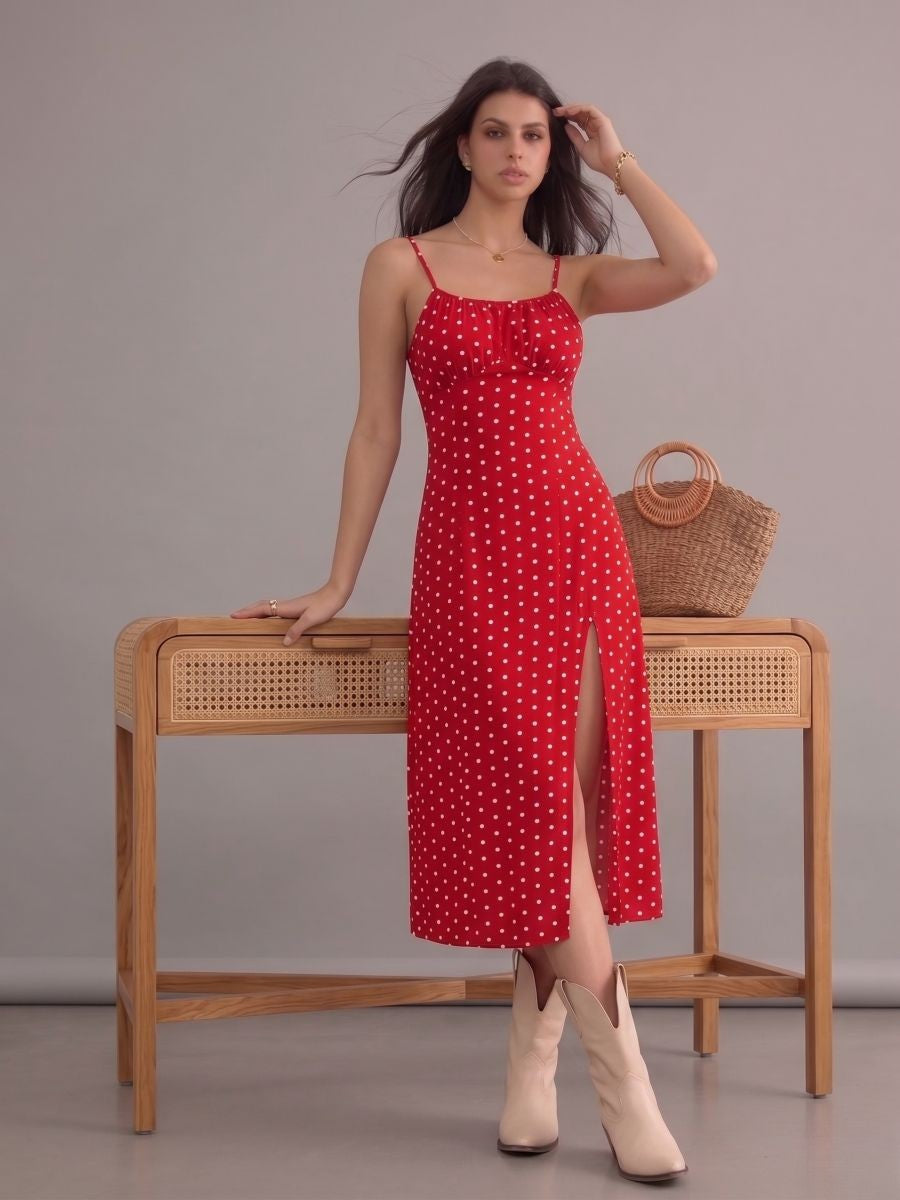 Robe bohème rouge à pois à bretelles fines et fente