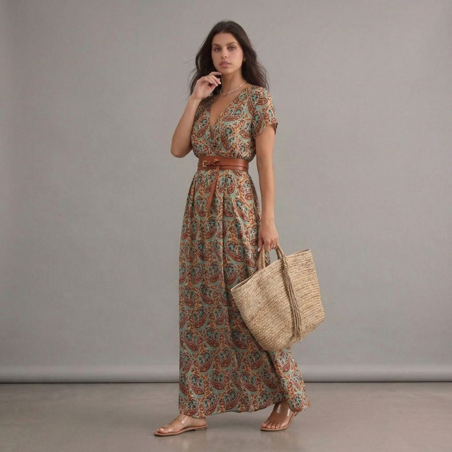 Robe bohème chic beige plissée florale à col en V