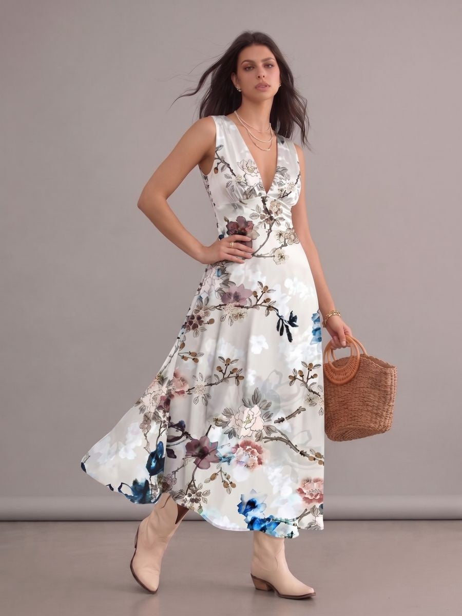 Robe bohème chic blanche fluide à imprimé floral romantique, col en V