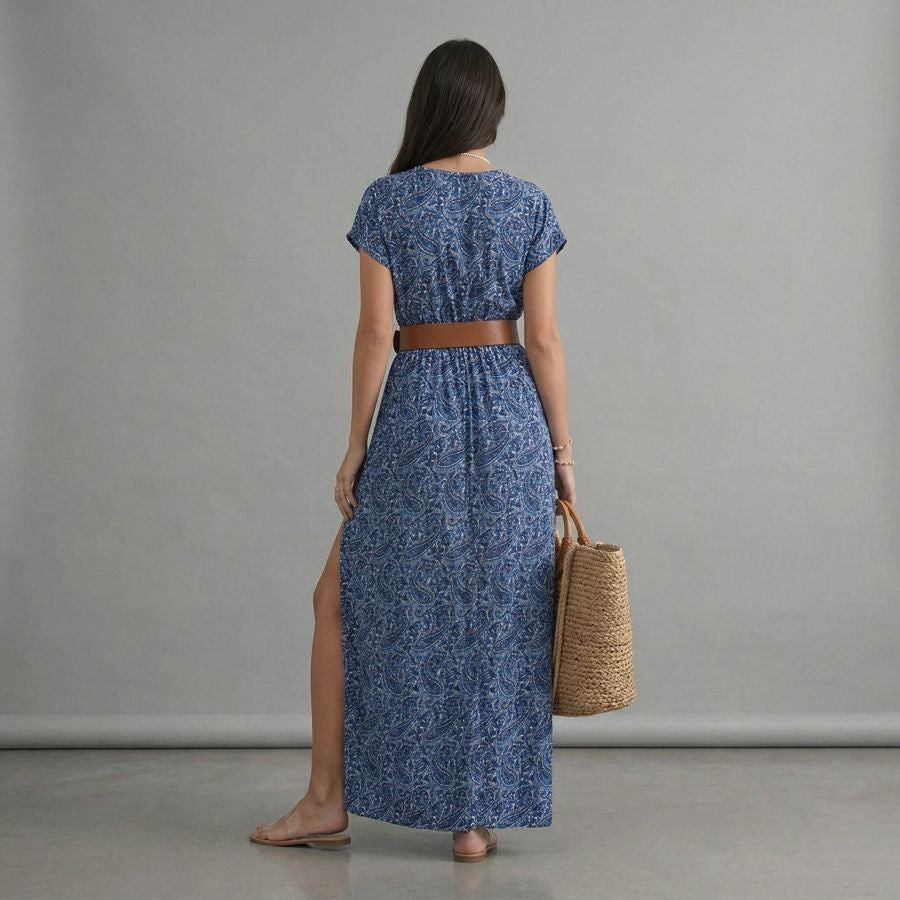 Robe bohème chic bleue plissée florale à col en V