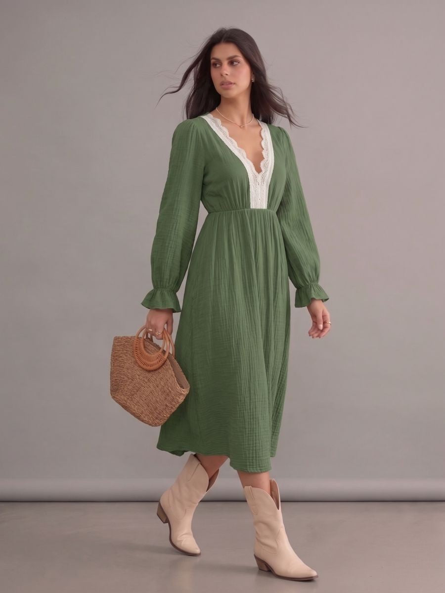 Robe longue bohème verte en dentelle à col en V et manches longues