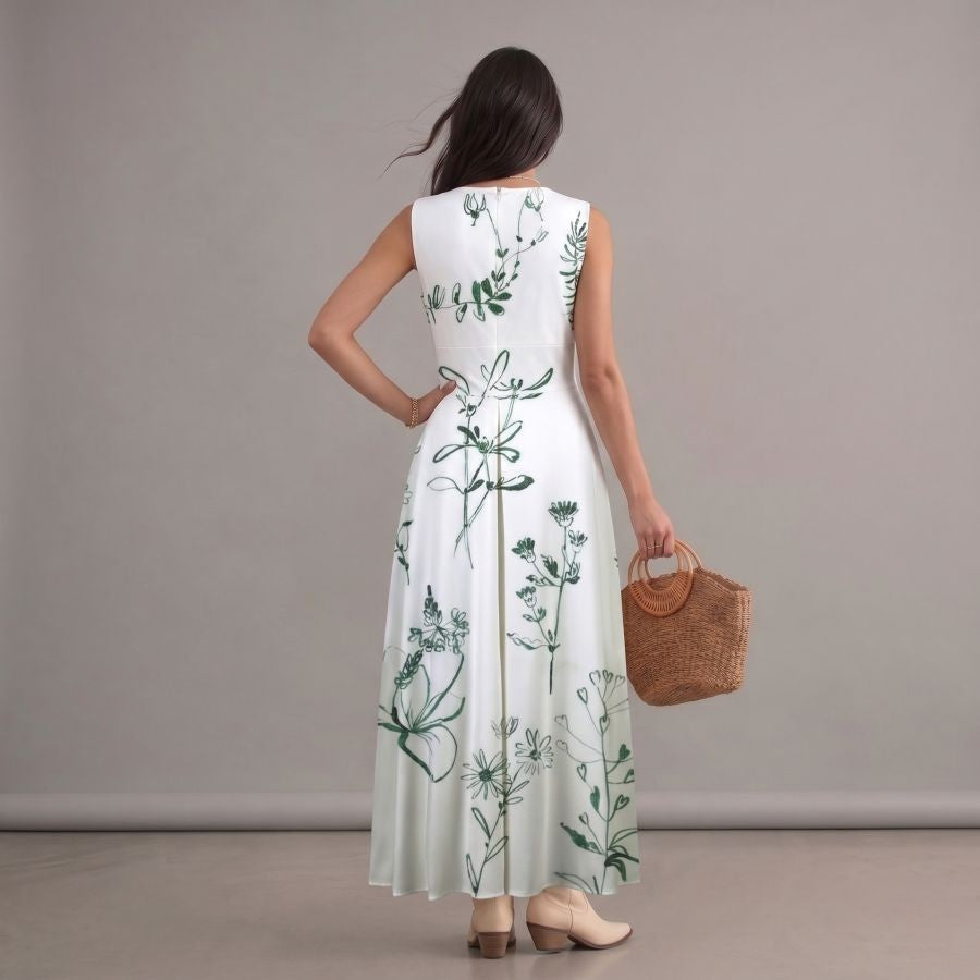 Robe bohème blanche chic à imprimé floral vert, col en V, sans manches