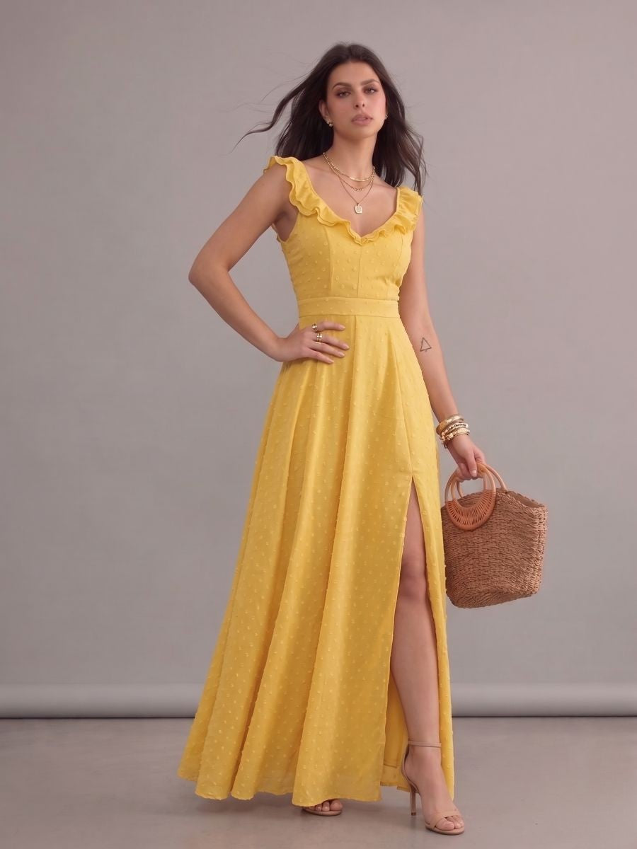Robe longue bohème jaune fendue à col V