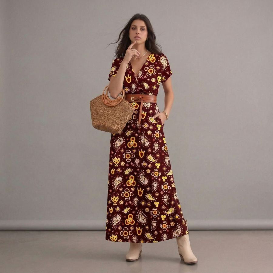Robe bohème longue plissée florale marron à col en V