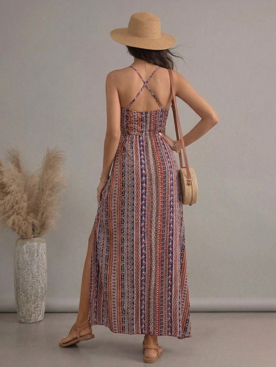 Robe longue bohème italienne rouge à motifs