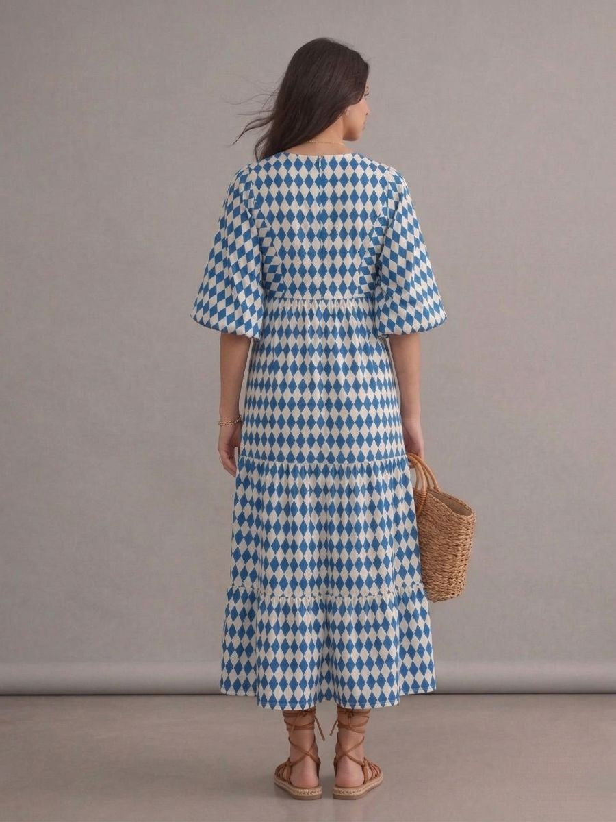 Robe longue bohème bleue à carreaux imprimés