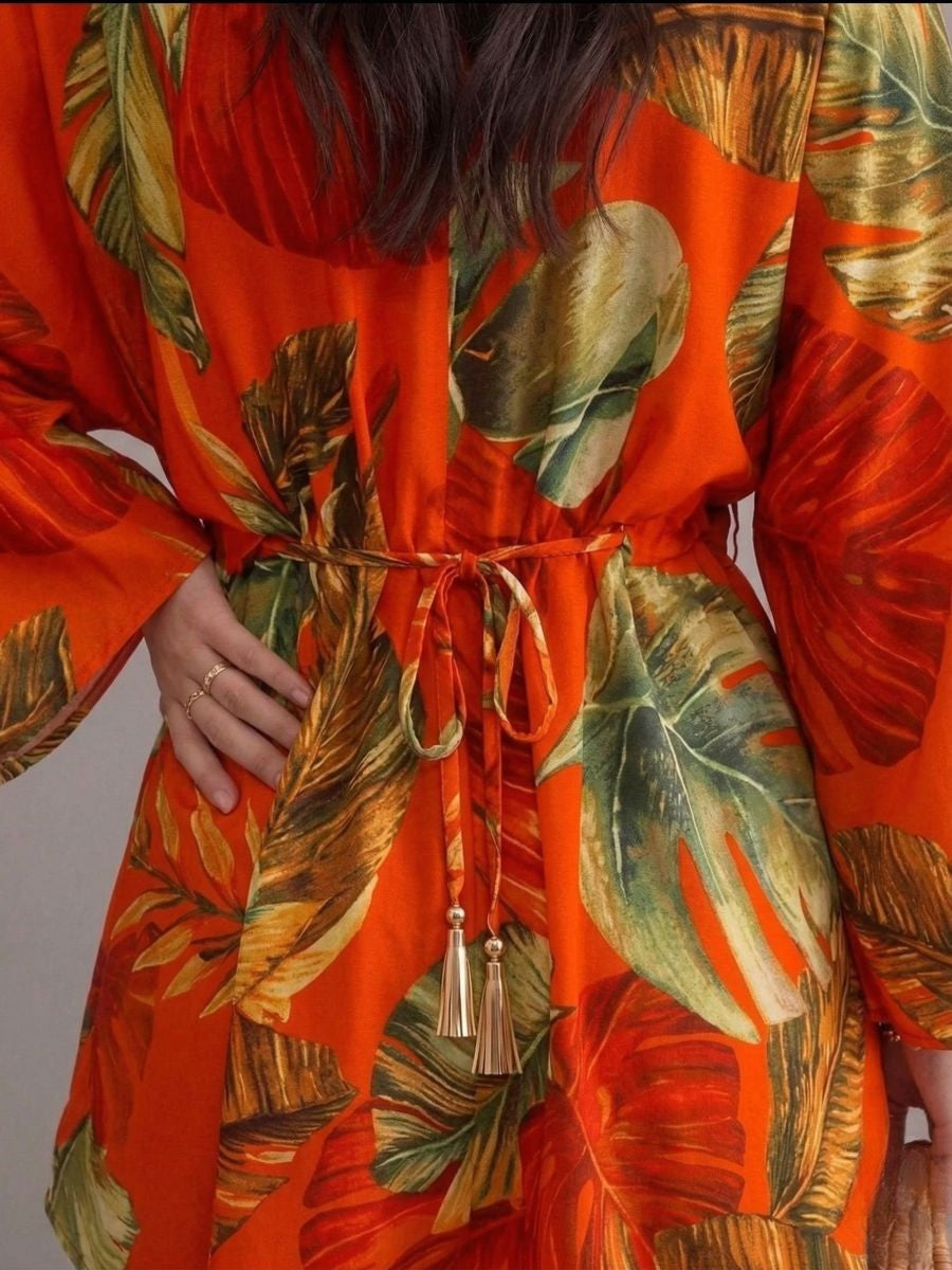 Robe bohème rouge col en V manches chauve-souris à fleurs imprimées