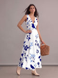Robe longue bohème chic blanche fluide à imprimé floral bleu, col en V