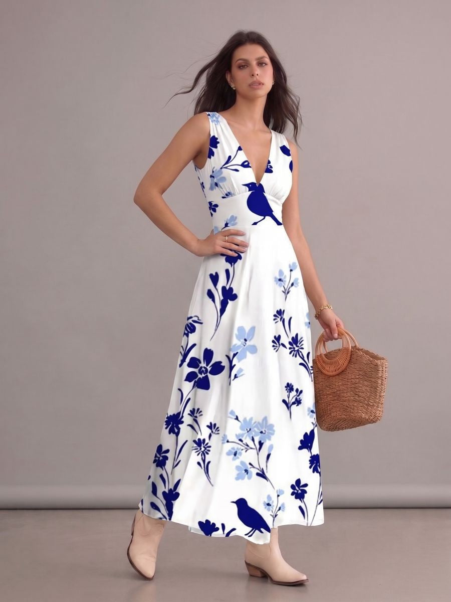 Robe longue bohème chic blanche fluide à imprimé floral bleu, col en V