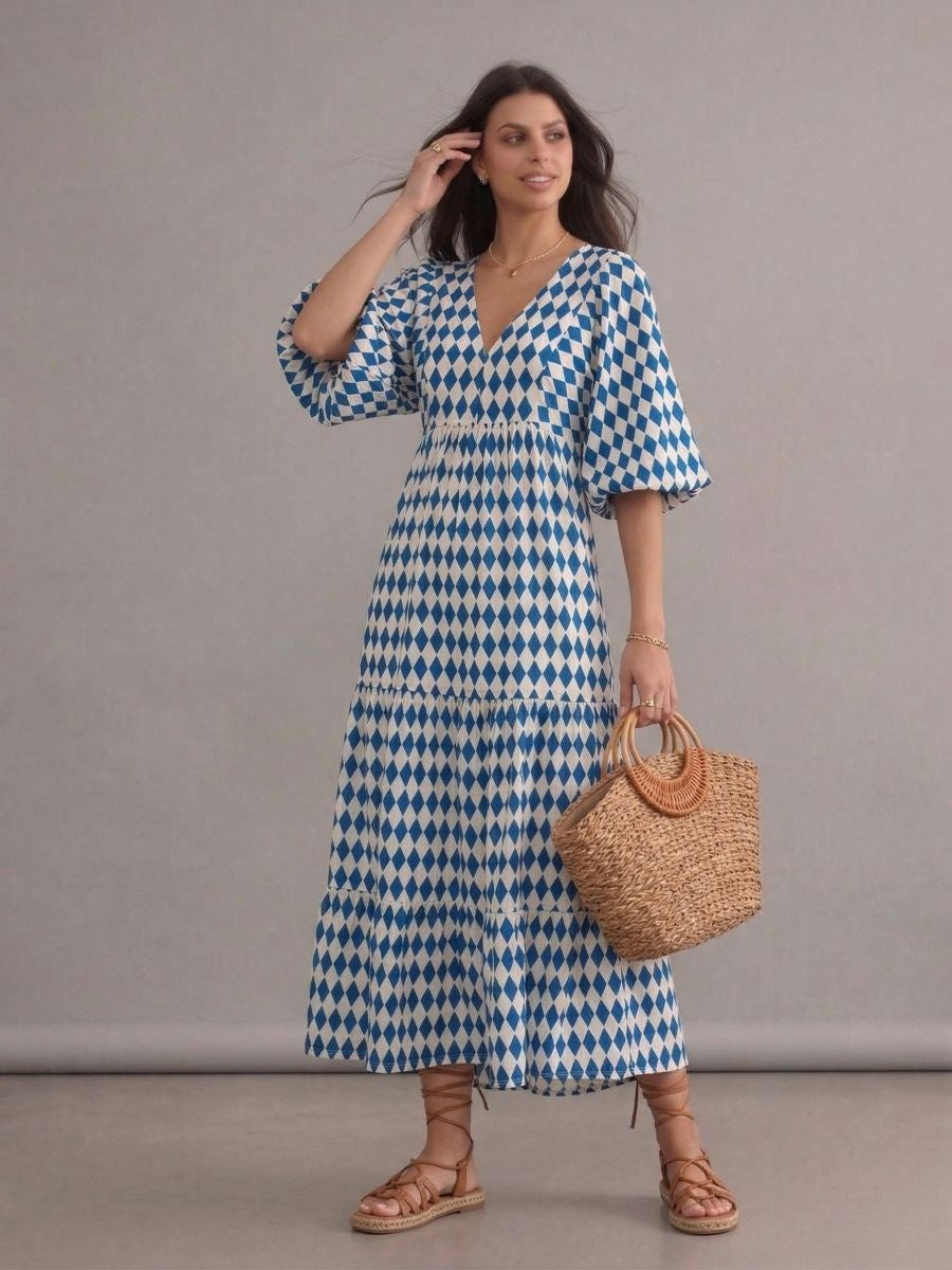 Robe longue bohème bleue à carreaux imprimés