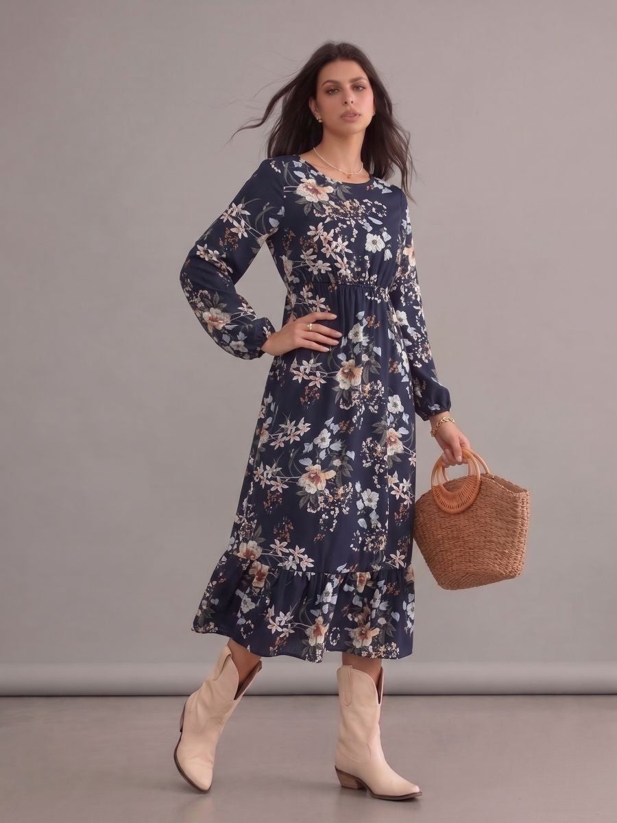 Robe bohème bleu marine fleurie à col rond et manches longues