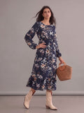 Robe bohème bleu marine fleurie à col rond et manches longues