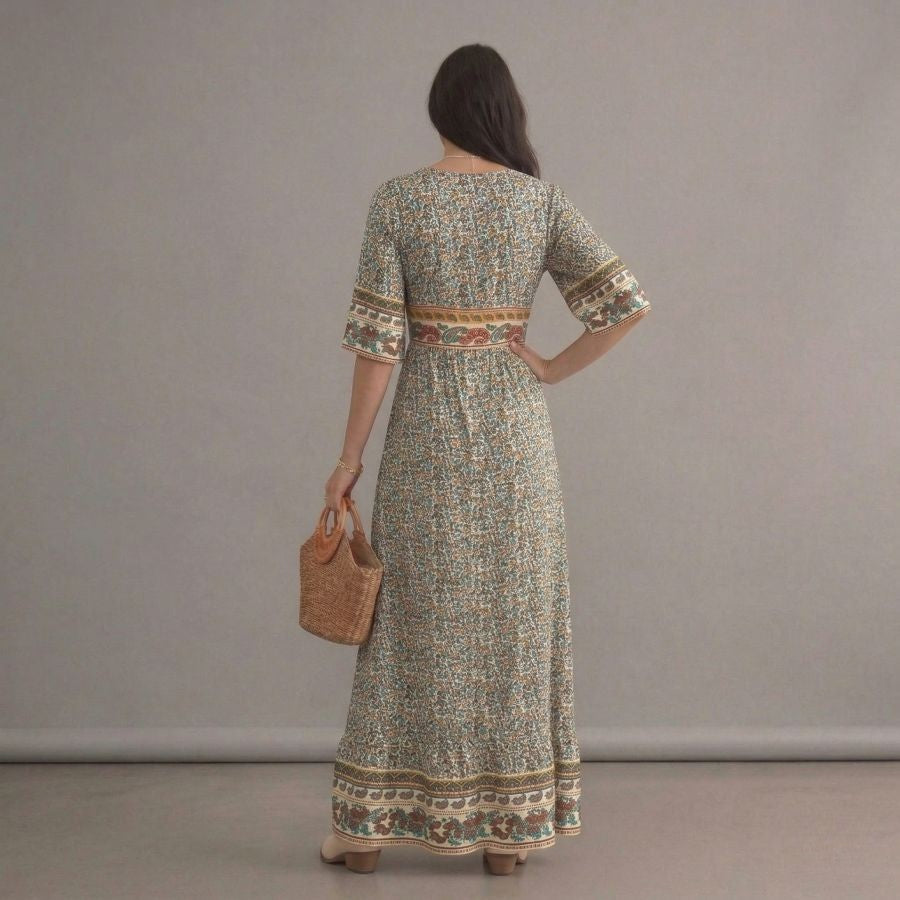 Robe longue bohème verte imprimée à col rond et manches courtes