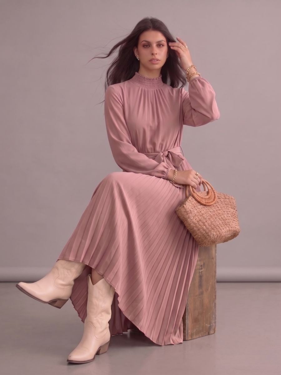 Robe longue bohème chic rose plissée à manches longues