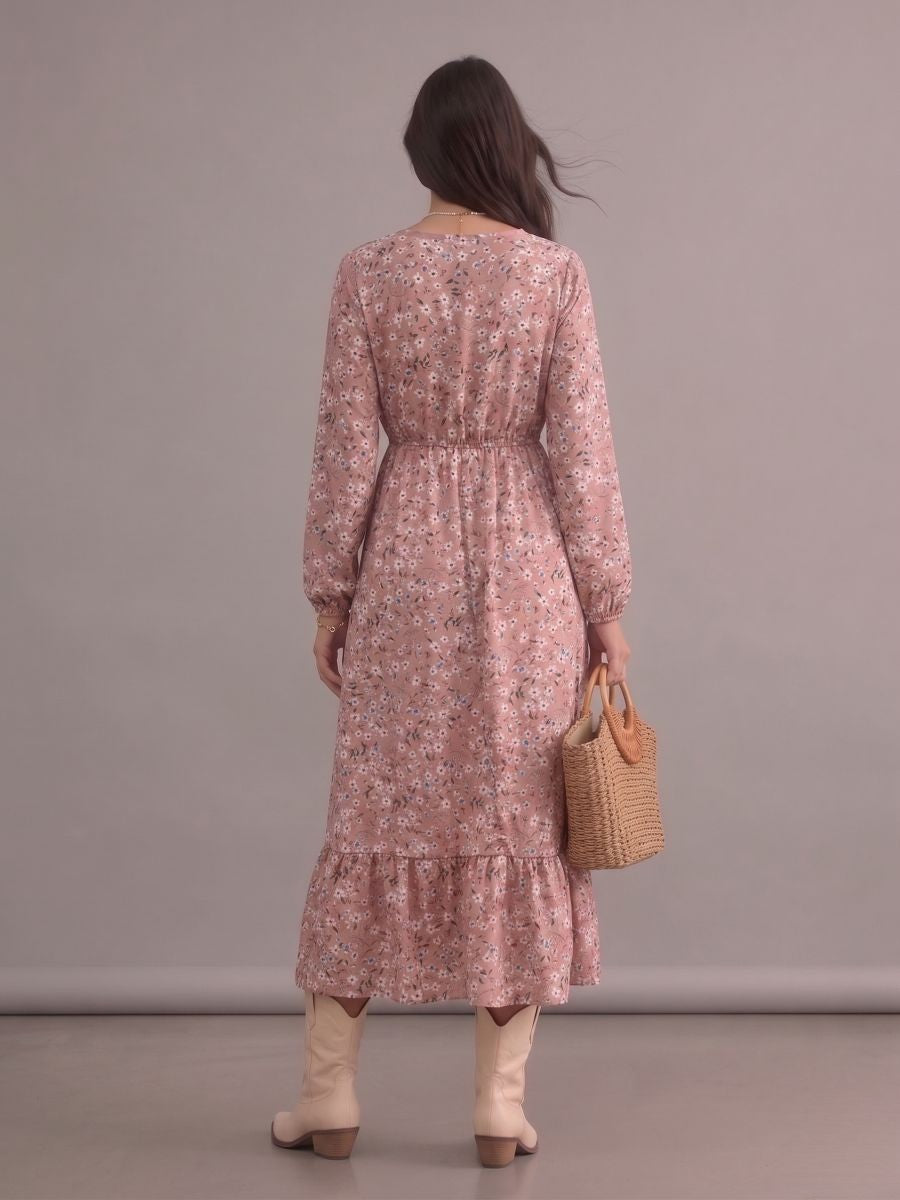 Robe bohème rose fleurie à col rond et manches longues