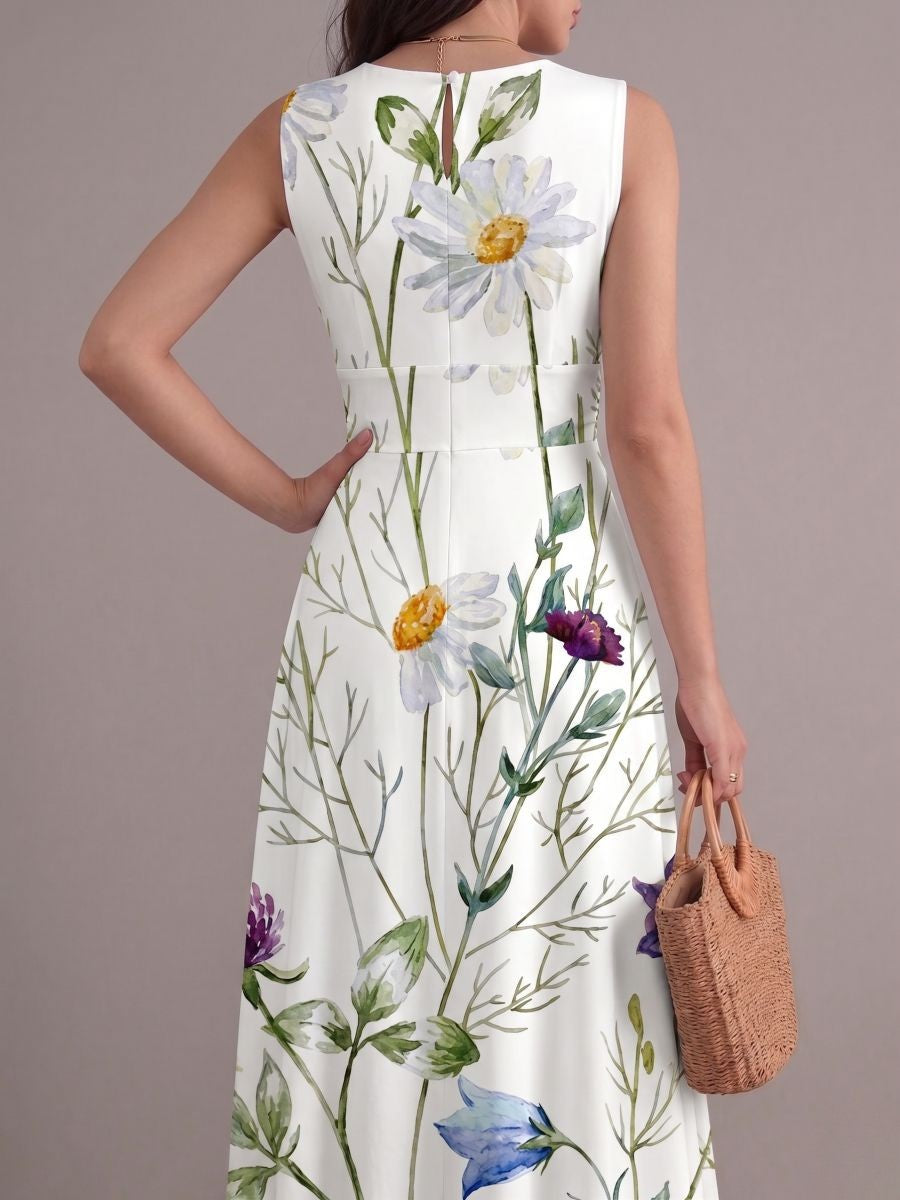 Robe bohème chic blanche fluide à imprimé fleurs sauvages, col en V