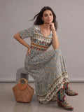 Robe longue bohème verte imprimée à col rond et manches courtes