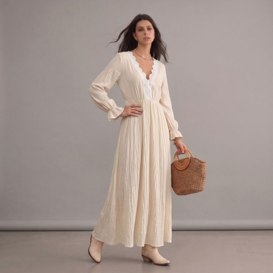 Robe longue bohème beige en dentelle à col en V et manches longues