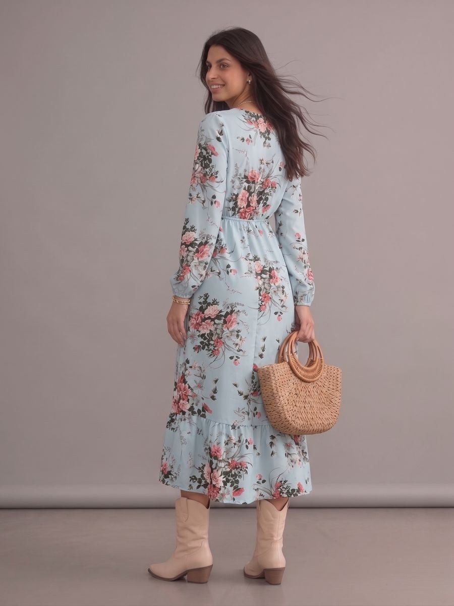Robe longue bohème bleu pastel à imprimé floral, col rond, manches longues