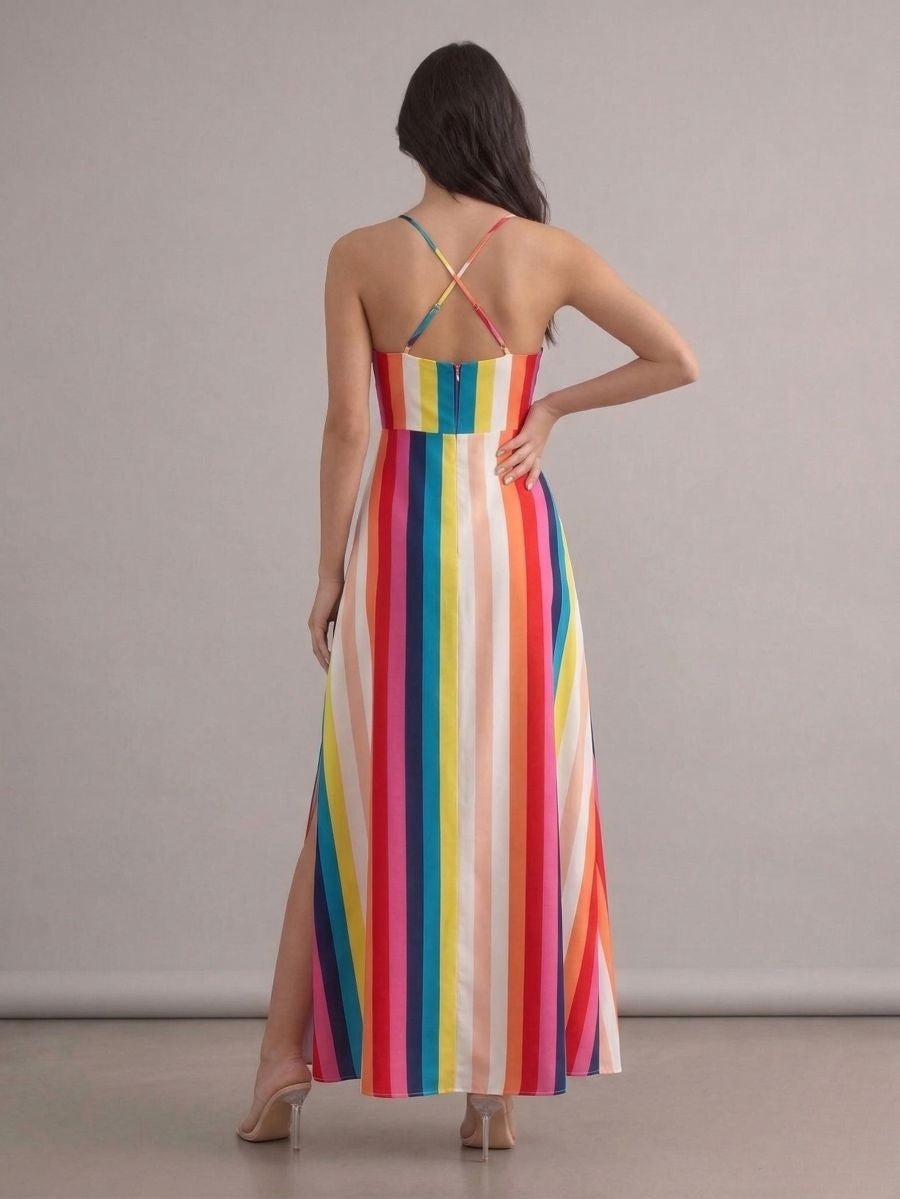 Robe longue bohème multicolore dos nu fendue aux cuisses