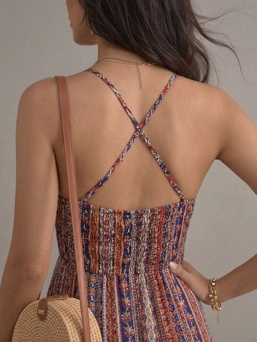 Robe longue bohème italienne rouge à motifs
