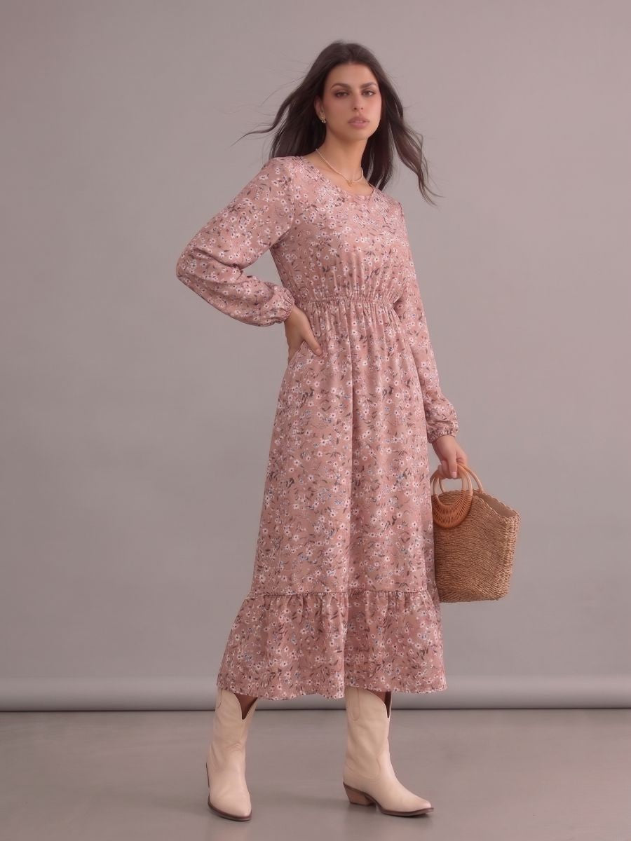 Robe bohème rose fleurie à col rond et manches longues
