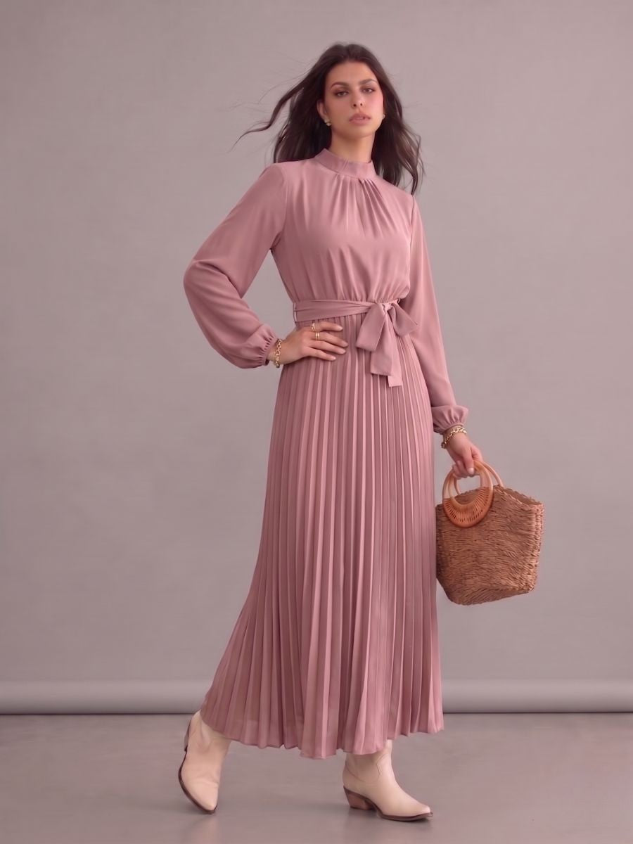 Robe longue bohème chic rose plissée à manches longues