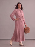 Robe longue bohème chic rose plissée à manches longues