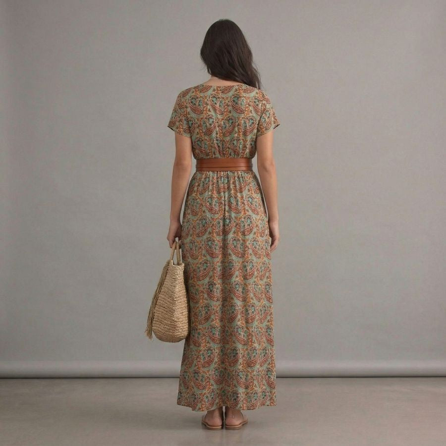Robe bohème chic beige plissée florale à col en V