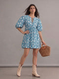 Robe bohème mi-longue bleue imprimée à col en V