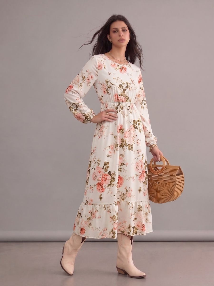 Robe bohème beige fleurie à col rond et manches longues